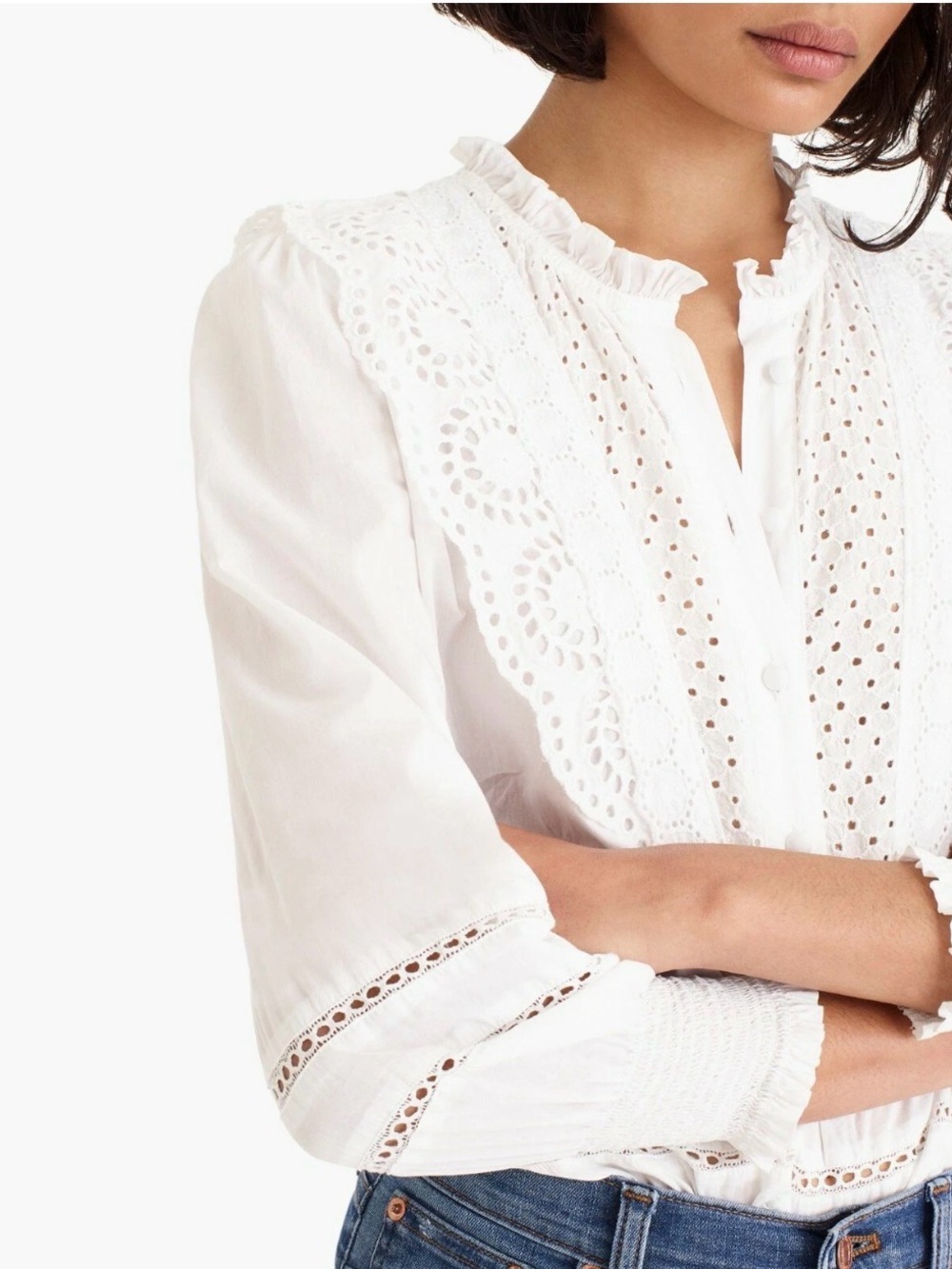 J. Crew White Ruffle Collar Eyelet Lightweight Cotton Long Sleeve Blouse Top 10 - Picture 3 of 14
